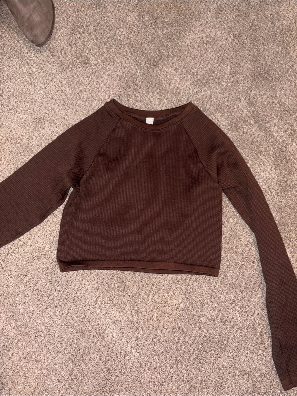 Women's Brown Cropped Waffle Long-Sleeve Top